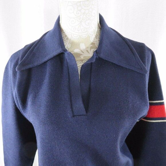 Vintage 60s L Coleman Knitting Mills Navy Blue Red Stripe Sweater Hipster Mod - Picture 2 of 12